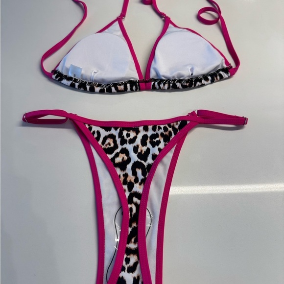 Pink Black White Leopard Thong Bikini Padded Top Size Small New NWT - Picture 6 of 13